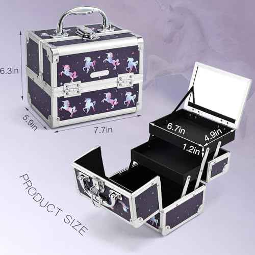 Joligrace Makeup Case for Girls Cosmetic Train Case Makeup Storage Box Jewelry Organizer Hair Accessories Lockable with Trays & Mirror Kids Gift Unicorn