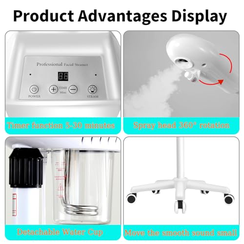 Professional Facial Steamer, Stand Ozone Face Steamer on Wheels, Adjustable Height and Angle,Estheticians Steamer More Steam,Hot Mist Facial Humidifier Atomizer for Spa Beauty, Home Use