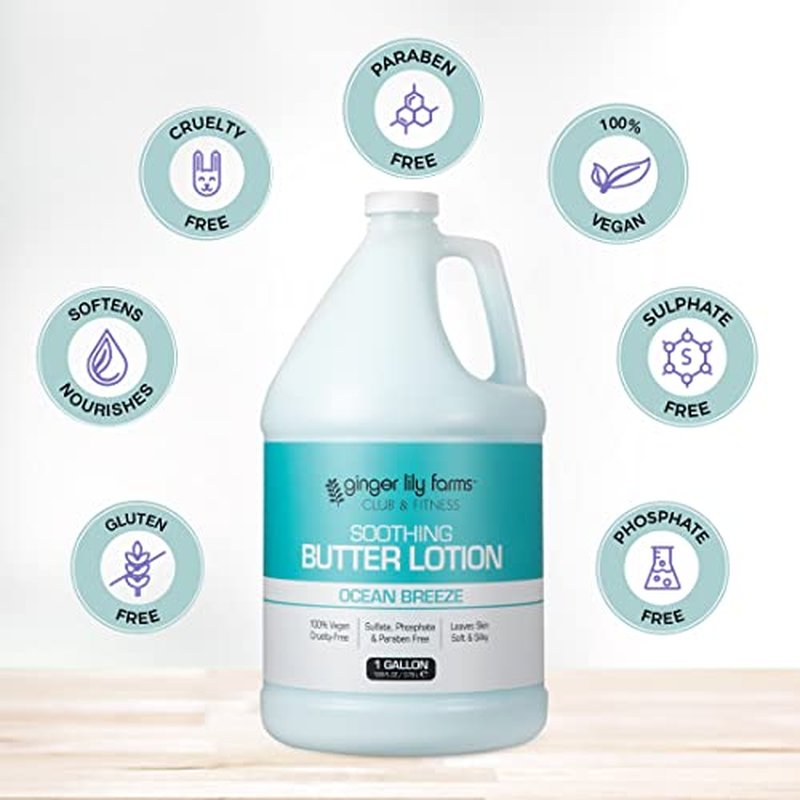 Ginger Lily Farms Club & Fitness Soothing Butter Lotion for Dry Skin, 100% Vegan & Cruelty-Free, Ocean Breeze Scent, 1 Gallon (128 fl oz) Refill