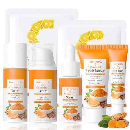 7PCS Turmeric Skin Care Set, Facial Skin Care Products Even Skin Tone, Turmeric Face Wash, Toner, Serum, Eye Cream, Face Cream, Face Mask, Smooth Glowing Travel Skincare Set for Women Girls