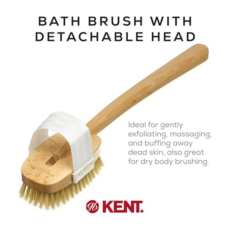 Kent FD3 Luxury Beechwood Body Scrubbing Exfoliating Bath/Shower Brush with 100% Pure White Bristle. Long Handle with Detachable Head, Wet/Dry Back and Skin Brushing, Body Exfoliator. Made in England