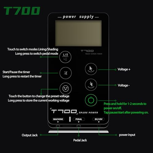 Dragoart T700 Tattoo Power Supply 3-18v Professional Tattoo Power Supply Box for Coil & Rotary Tattoo Machine, 6 Preset Voltages/Liner Shader Switch/2 Foot Pedal Modes/Touch Screen/Adjustable Stand