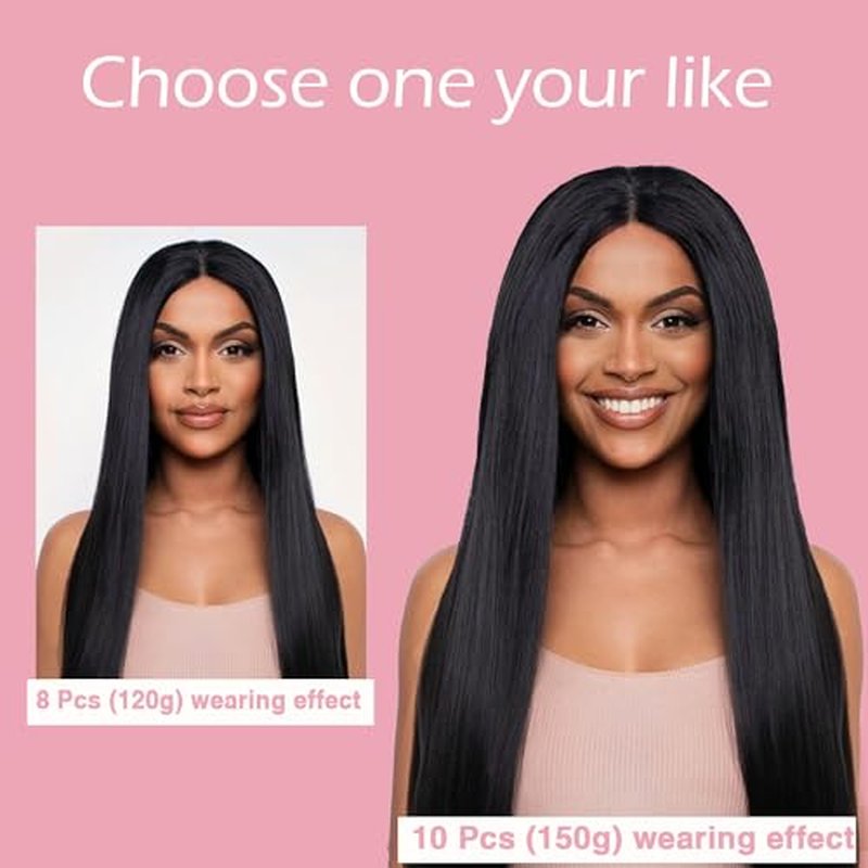 Clip in Hair Extensions for Black Women Seamless Clip in Hair Extensions 100% Unprocessed Full Head Brazilian Virgin Straight Human Hair Natural Black Color,10/Pcs with 24Clips,150 Gram (22inch)