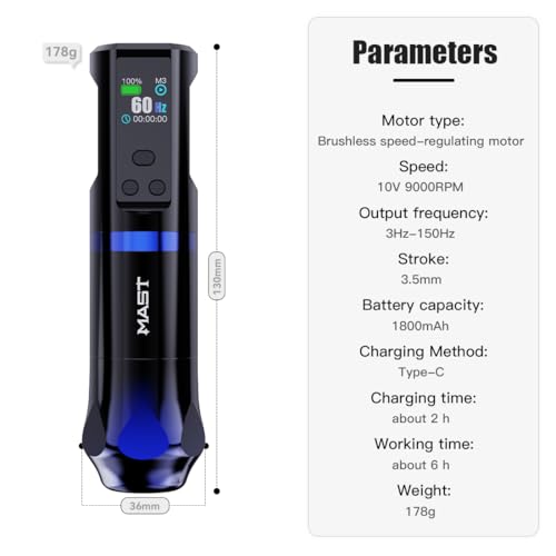 Mast Hertz Wireless Pro Tattoo Pen Machine, Adjustable Frequency 3HZ - 150HZ Tattoo Gun