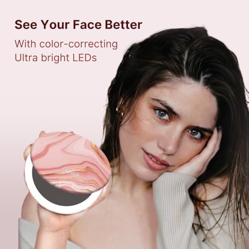 Fancii Taylor LED Lighted Travel Makeup Mirror, Rechargeable, 10x /1x Magnifying, Tru-Glow Lighting System, XL Large 5¡± Wide | Compact Mirror for Purses (Marble Rose)