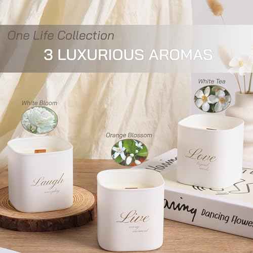 Set of 3 Scented Soy Candles Gift Set | One Life Collection | Orange Blossom, White Tea and White Bloom | Crackling Wood Wick | 50+ HR Burn, 9.8oz Each | Luxury Soy Candle Gift for Women & Home