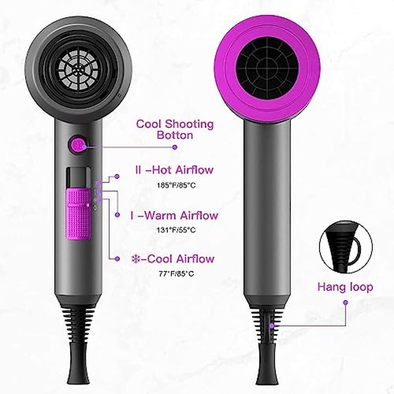 slopehill Professional Ionic Hair Dryer, Powerful 1800W Fast Drying Low Noise Blow Dryer with 2 Concentrator Nozzle 1 Diffuser Attachments for Home Salon Travel