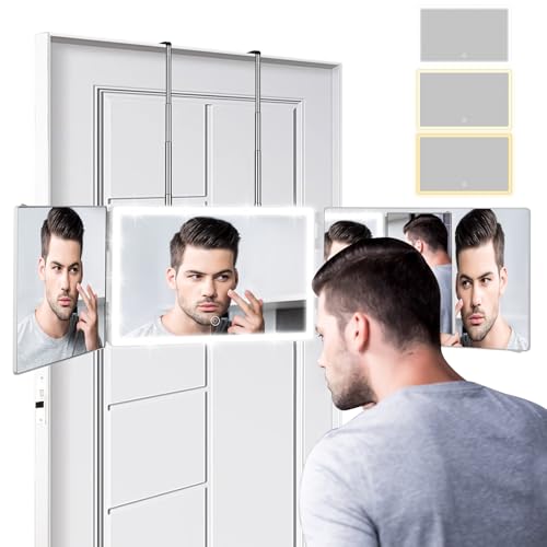 Rechargeable 3 Way Mirror with 3 Colors Light for Self Hair Cutting, Adjustable Trifold Barber Mirror with Telescoping Hooks for Men Shaving Women Dyeing(White)