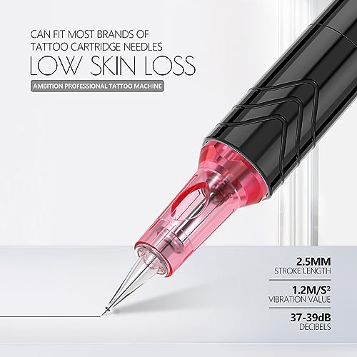 Ambition Rotary Tattoo Machine with 2.5mm Stroke Coreless Motor Slim Short Permanent Makeup Tattoo Gun Professional Cartridge Pen with RCA Cord for Eyebrow Eyeliner Lips SMP