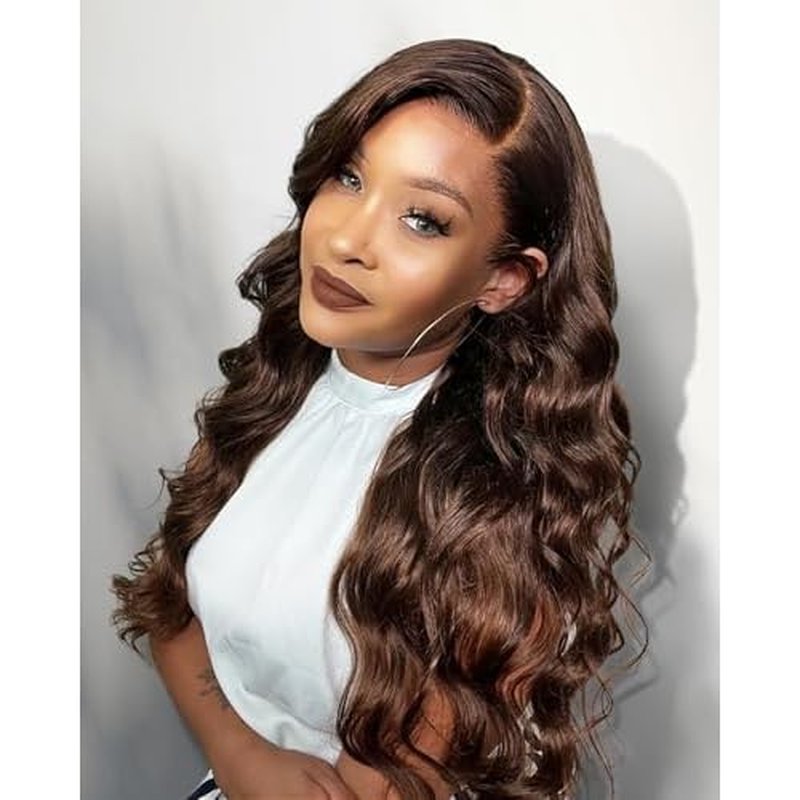 Chocalate Brown Lace Front Wigs Human Hair 13x4 HD Transparent Lace Frontal Wigs Body Wave Colored 4 Brown Wavy Wig Pre-Plucked Hairline 180% Density 18 inch