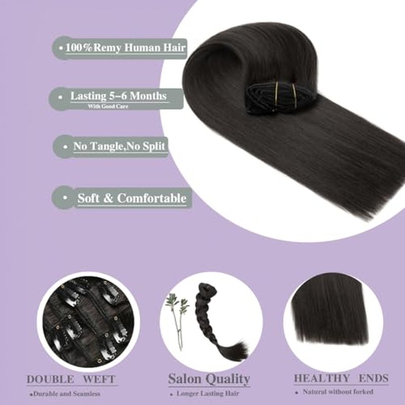 Clip in Hair Extensions Real Human Hair,20 Inch 120g 7Pcs Brazilian Virgin Remy Human Hair Extensions for Women Straight Natural Black Seamless Invisible Hair Extensions Clip in Double Weft