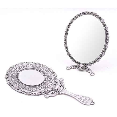 SEHAMANO Vintage Double Sided Handheld Makeup Metal Mirror/Folding Handle/Stand Travel Mirror/Back Sided Magnification/Folding Type Mirror (Matt Grey (Tin))