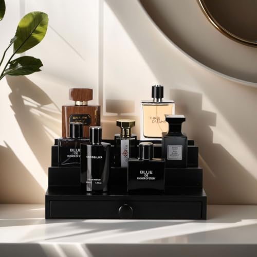 Black Wooden Cologne Organizer for Men - 3 Tier Wooden Perfume Display Stand with Drawer and Hidden Compartment for Organizing and Storing, Cologne Holder Shelf for Dresser