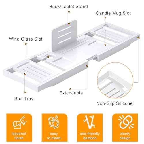 Bathtub Tray Caddy,Premium Bamboo Expandable Bath Tub Trays Table, Foldable Bathroom Accessories,Great House Warming, Anniversary and Birthday Gifts,White
