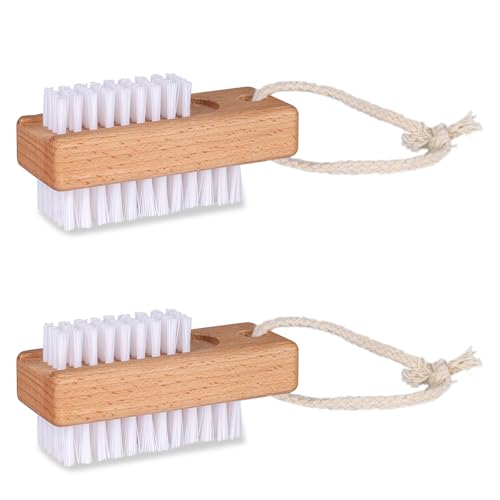 Wooden Nail Brush set, Two-Sided Wooden Fingernail Nail Scrubber Brush with Hanging Rope, 2 Pack Stiff Nail Brush for Cleaning Toes and Fingernails