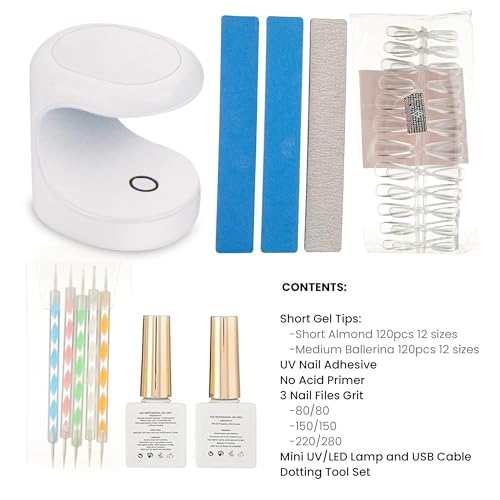 Allkem Soft Gel Nail Extensions Kit - Complete DIY Nail Set with UV Lamp, Short Almond & Medium Ballerina Gel Tips, Nail Files, Adhesive & Dotting Tool - Perfect Manicure at Home