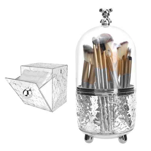 Makeup Brush Holder Organizer with Lid, 360¡ÆRotating Dustproof Makeup Brushes Organizer, 4 Compartment Make Up Brushes Cup for Vanity Desktop Bathroom Countertop (Transparent)