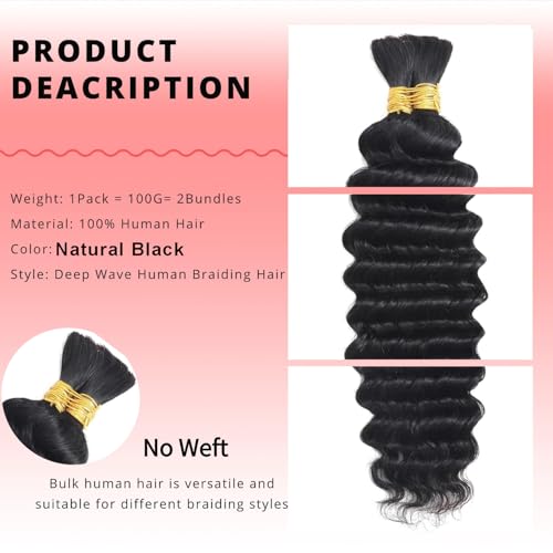 Human Braiding Hair For Boho Braids 100g Deep Wave Bulk Human Hair for Braiding 12A No Weft Curly Human Hair Extensions Wet and Wavy Boho Hair for Braiding 2 Bundles/Pack (1B-Deep Wave, 22 Inch)