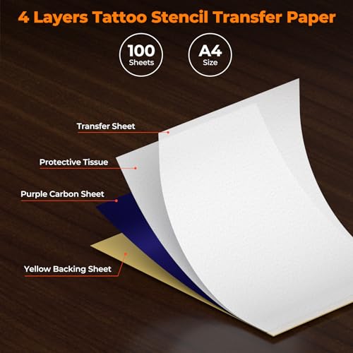MUNBYN Tattoo Transfer Paper 100 Sheets, A4 Size Tattoo Stencil Paper, 4-Layer Stencil Papers for Tattooing, Tattoos Kit Supplies, Compatible with ITP05/ITP06/M08F/P90/MHT-P8009 Printer