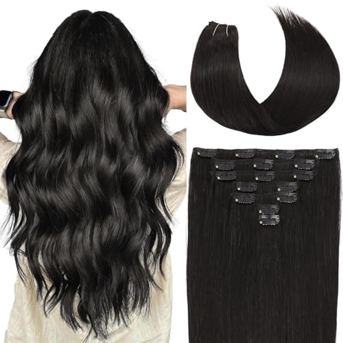 Clip in Hair Extensions Real Human Hair 20 Inch 110g Invisible Seamless Human Hair Clip in Extensions for Women 7pcs Per Set with Double Weft 1B Natural Color