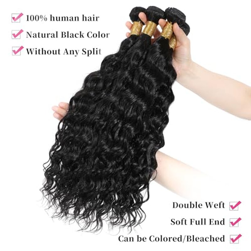 Deep Wave Human Hair Bundles 14 16 18 20 Inch 100% Unprocessed Deep Curly Bundles Human Hair Water Wave Bundles for Women Wet and Wavy Curly Hair Double Weft Remy Hair Extensions