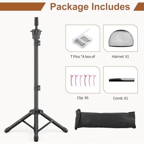 Wig Stand Tripod, 50 Inch Adjustable Mannequin Head Stand, Wig Head Stand for Cosmetology, Hairdressing Training - Includes T-Pins, Comb, Hair Clips & Carrying Bag (Head Not Included)