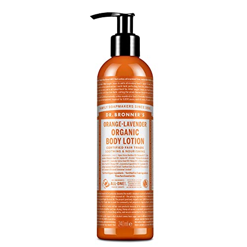 Dr. Bronner's 3-in-1 Orange & Lavender Organic Hand and Body Lotion, Made with Organic Oils, Used for Hands, Face and Body, Certified Fair Trade & Vegan Friendly, 236ml Recycled Bottle