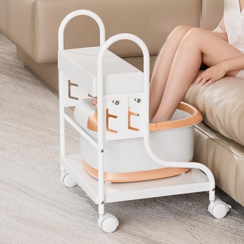 OmySalon Pedicure Cart Foot Bath Trolley, Adjustable Height Salon Trolley with PU Cushion, Portable Nail Esthetician Cart for Manicure & Foot Massage, Beauty Spa Supplies with Locking Wheels (White)