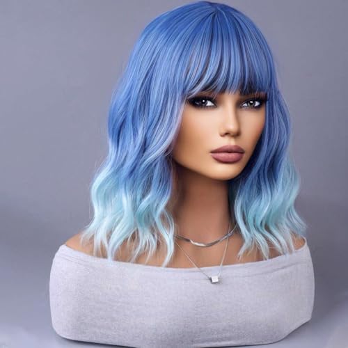Ombre Blue Wigs for Women Short Curly Wavy Blue Wig for Girls Short Bob Wig With Bangs Heat Resistant Synthetic Wigs for Cosplay Costume Party (Blue Ombre Wig)