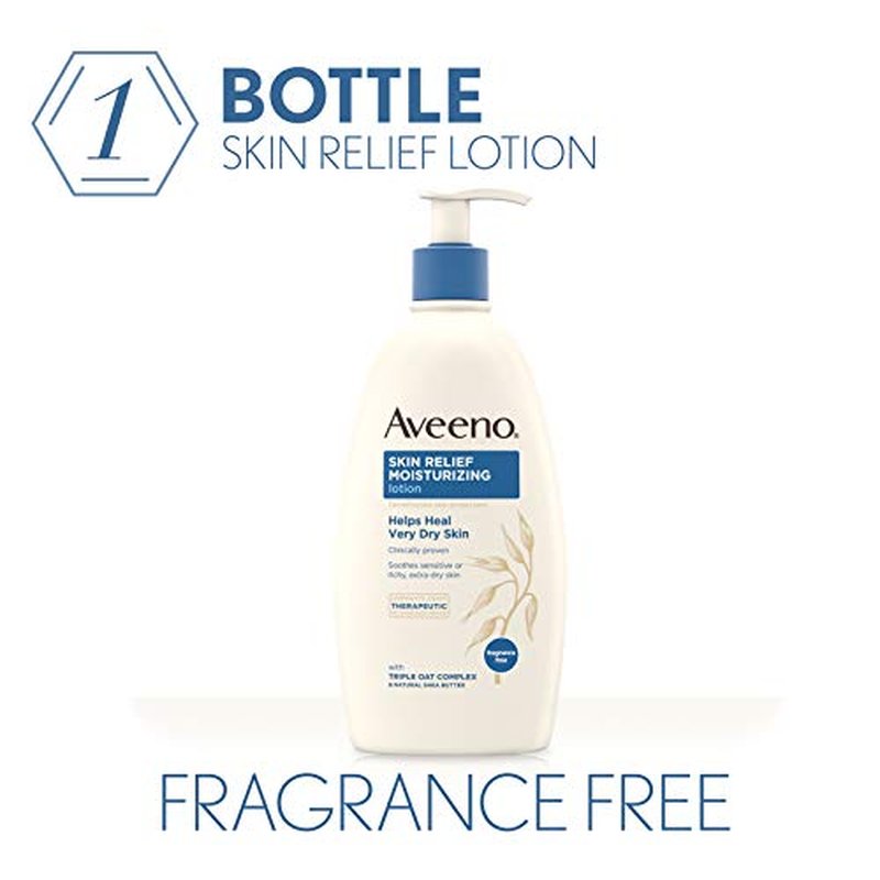 Aveeno Skin Relief Fragrance-Free Moisturizing Lotion for Sensitive Skin, with Natural Shea Butter & Triple Oat Complex, Unscented Therapeutic Body Lotion for Itchy, Extra-Dry Skin, 18 fl. oz
