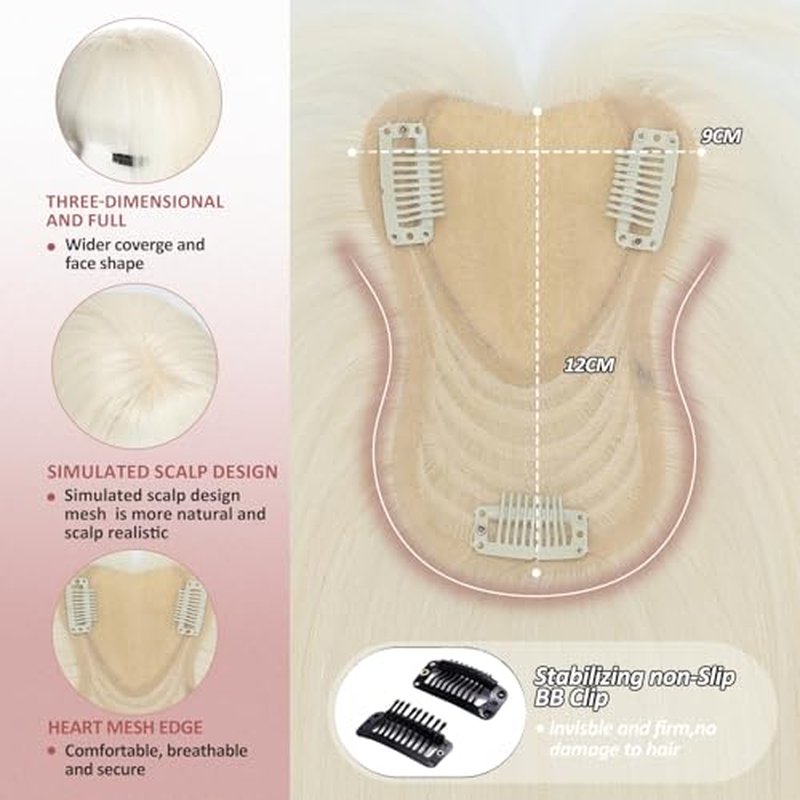 Hair Toppers for Women Real Human Hair, 9 * 12cm Seamless Invisible Swiss Base 12Inch Toppers for Thinning hair to Add Volume, Clip in Human hair Topper with Bangs for 360¡Æ Cover Gray Roots