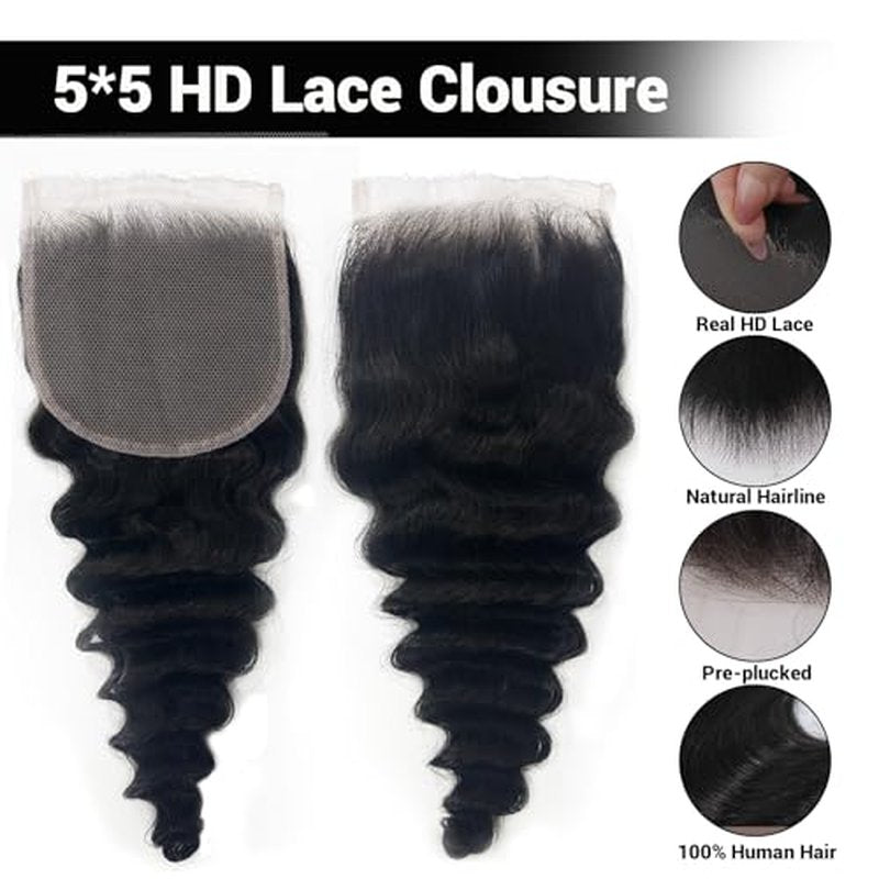 5x5 Closure Human Hair,Silky Skinlike Real Hd Lace Free Part Natural Hairline Clean 100% Human Hair Frontal Pre-Plucked Deep Wave Natural Black 18 Inch