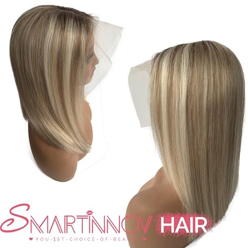 Smartinnov Balayage Blonde Bob Wig Human Hair 13x6 HD Transparent Lace Wigs 10 Inch Platimun Blonde Highlight Virgin Hair Middle Part 180% Density Pre Plucked Short Bob Wigs for Women Tiny Knots
