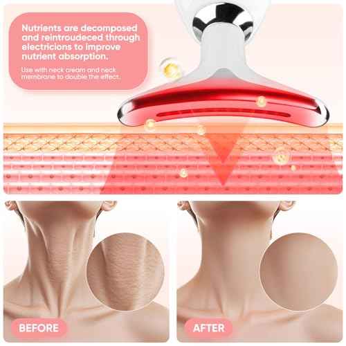 Face and Neck Massager Tool, 7 Colors LED Light Therapy Wand for Wrinkles, Double Chin, Portable Facial Massager with Vibrating and Thermals for Skin Care, Glossy White