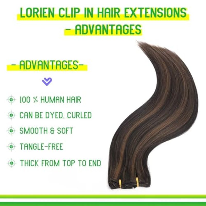 LORIEN Clip in Hair Extensions Real Human Hair, 22 Inch 110g, 1B/6 Natural Black to Chestnut Brown, Clip in 100% Brazilian Remy Human Hair Extensions 8pcs Per Set with 18 Clips Double Weft