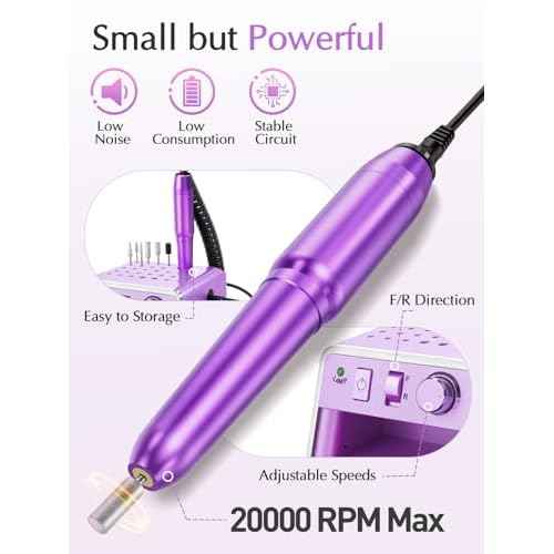 Subay Nail Drill Machine Electric File, Portable for Acrylic Gel Dip Powder Nails, Nail Drill Kit for Manicure Pedicure, Nail Set with Everything, Purple