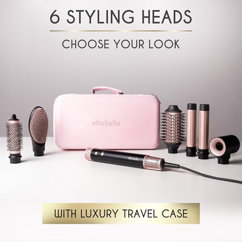 ELLA BELLA¢ç 6 in 1 Professional Hot Air Styler ? Powerful Hair Dryer & Straightener Set ? Styling Without Heat Damage ? Fast Drying Curling Volumizing Straightening ? Includes Protective Travel Case
