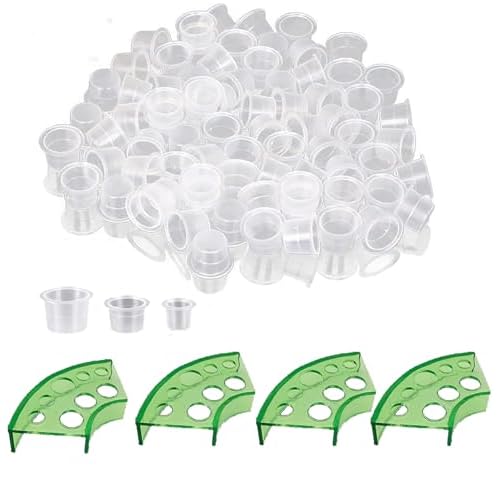 Tattoo Ink Caps Set, 600 Pieces Cups with 4 Green Cup Holders, Mixed Sizes Large Medium Small, Plastic Pigment Cups, Tattooing Machine Plastic Supplies Kit