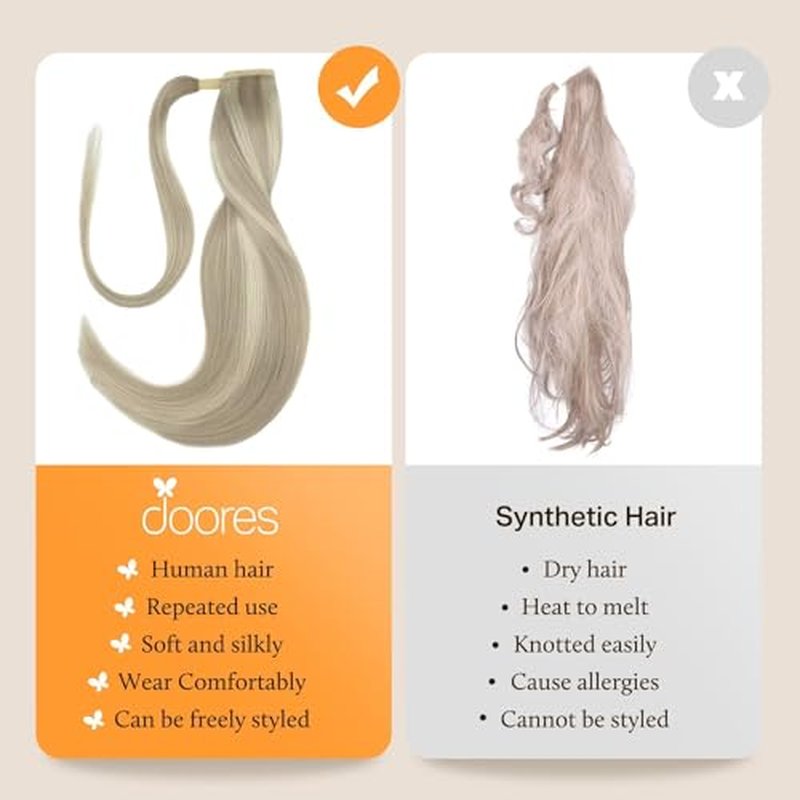 DOORES Human Hair Ponytail Extension Clip in Hair Extensions Balayage Ash Blonde Highlighted Platinum Blonde 20 Inch 90g Real Hair Extensions Wrap Around Ponytail Long Straight Ponytail Hairpiece