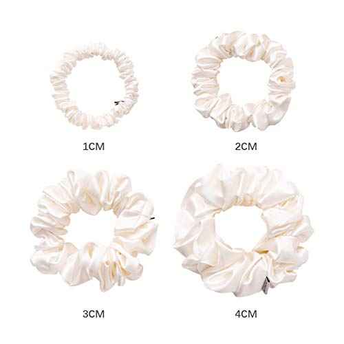 MTSNOO Silk Scrunchies for Hair, 100% Pure 22 Momme Mulberry Silk Scrunchies for Curly Hair with Elastic Band, 4 Pack, Ivory