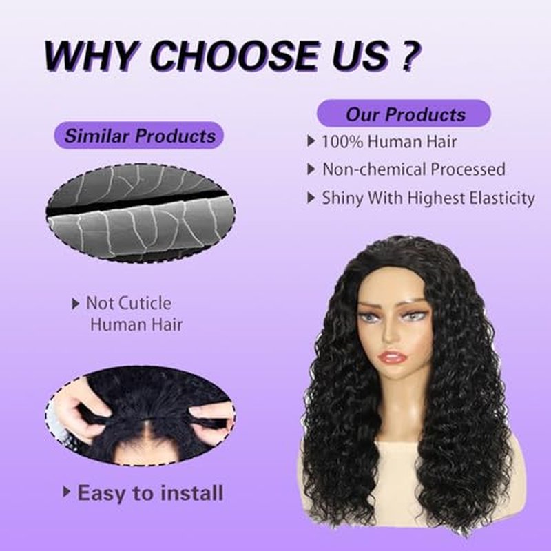 Half Wig Human Hair Deep Wave Glueless Wigs Human Hair Curly Half Wig 200% Density Drawstring Seamless Flip Over Half Wigs for Women Invisible Hairline Beginner Friendly Headband Wig 20 Inch