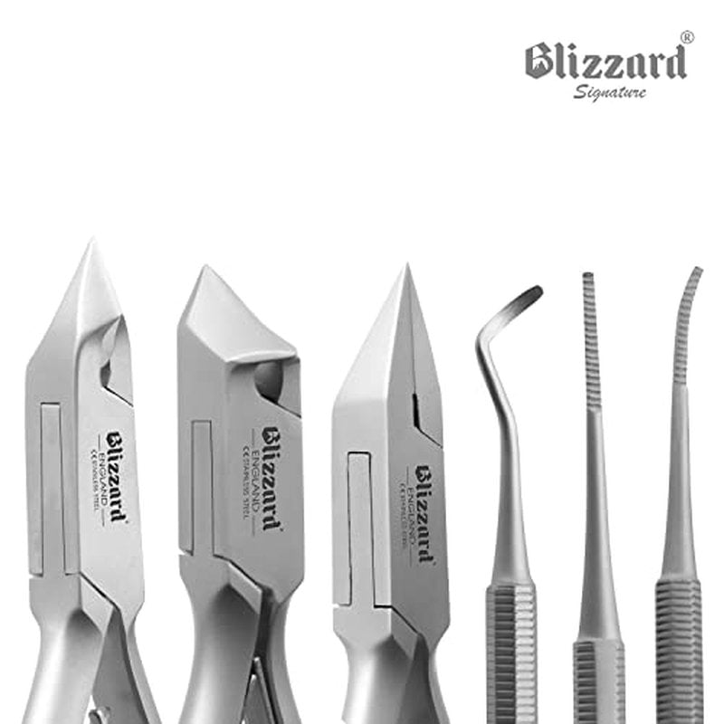 Podiatry Tool Kit by Blizzard ? 5 Piece Set with Concave Arrow and Flame Toenail Nippers, Blacks File and Probe - German Forged Instruments - Hospital Grade