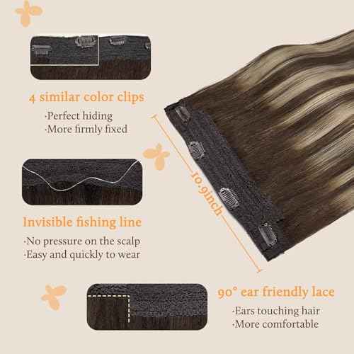 DOORES Wire Hair Extensions 14 Inch 75g Remy Human Wire Hair Extensions Invisible Transparent Line Adjustable Hairpieces Secret Extensions Straight Hair Balayage Chocolate Brown to Honey Blonde