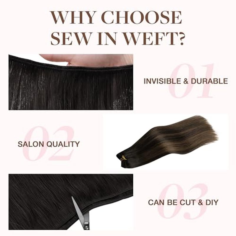 GOO GOO Sew in Hair Extensions Real Human Hair, Weft Hair Extensions Human Hair, 1B/6/1B Balayage Natural Black to Chestnut Brown 18inch 100g, Weft Bundles Straight Silky Remy Hair