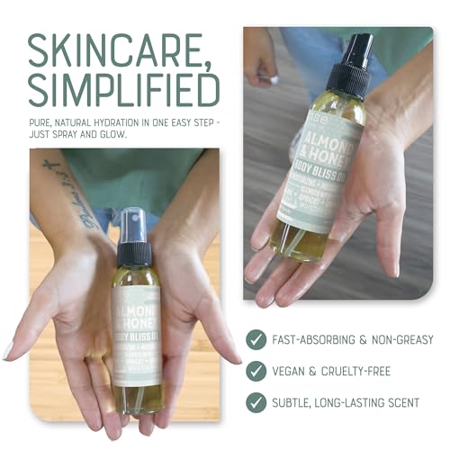 Rinse Bath & Body Almond & Honey Body Oil Moisturizer Spray - Natural Lightweight Fast Absorbing with Squalane, Grapeseed, Apricot & Vitamin E Oil for All Skin Types, 4 fl oz