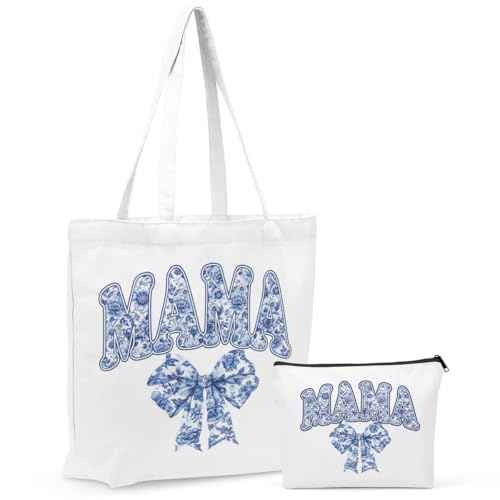 Wetern Bow Mom Gifts Canvas Tote Bag Makeup Bag, Western Gifts for Women Cowgirl Birthday Grocery Cosmetic Bags