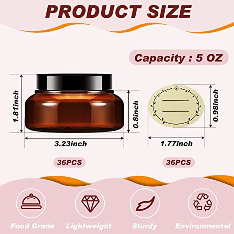 36 Pack 5 oz Round Wide-mouth Leakproof Plastic Container Jars with Lids Refillable Plastic Cosmetic Containers for Kitchen Use Lotions & Beauty Products(Amber)