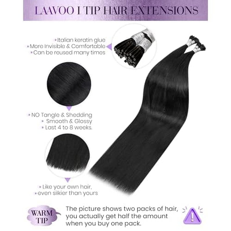 LaaVoo I Tip Hair Extensions Human Hair Jet Black Itips Hair Extensions Human Hair 28in Long Straight I Tips Hair Extensions Real Human Hair Pre Bonded Cold Fusion 50g 50s/pack