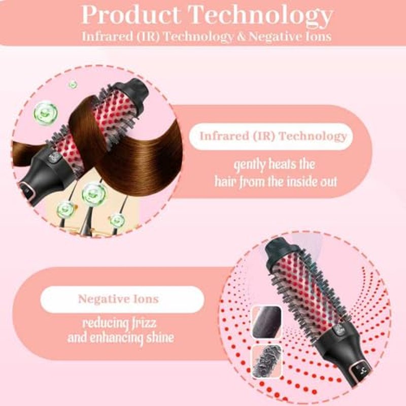 Upgraded Infrared Bounce Brush, Heated Thermal Round Brush with 5 Heat Settings & LED Display, 1.5 Inch lonic for Hair Straightener & Curling Wand, Dual Voltage, Blowout Look, Gifts for Women