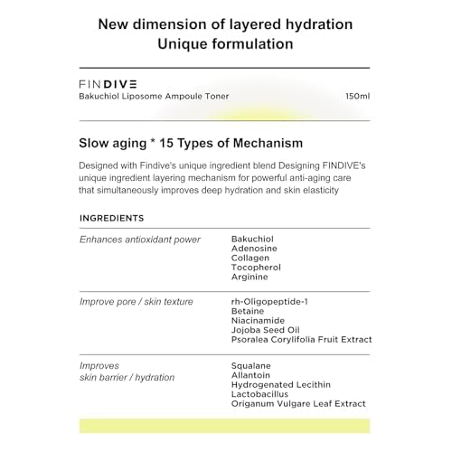FINDIVE Official Bakuchiol Liposome Ampoule Toner, Bakuchiol, Plan-Based Retinal Alternative, Liposomal Squalane1%, Allantoin, Anti Wrinkle Toner, Korean Skincare 5.07fl.oz